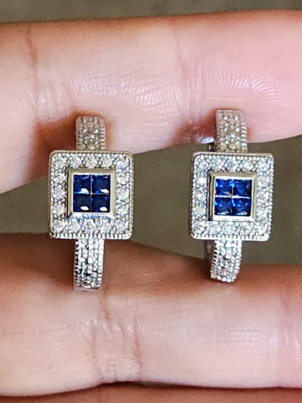 New 925 Silver Blue Sapphire Diamond Hoop Square Shaped Earrings for Women